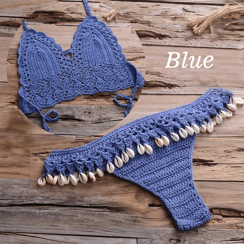 NEW Arrivals 10 Colors Handmade Sexy Women Large Size Swimwear Knitted Halter Bikini Top Bra Sexy Beach Swimsuit Hollow Bathing Suit Bikini Set Push Up Swim Thongs