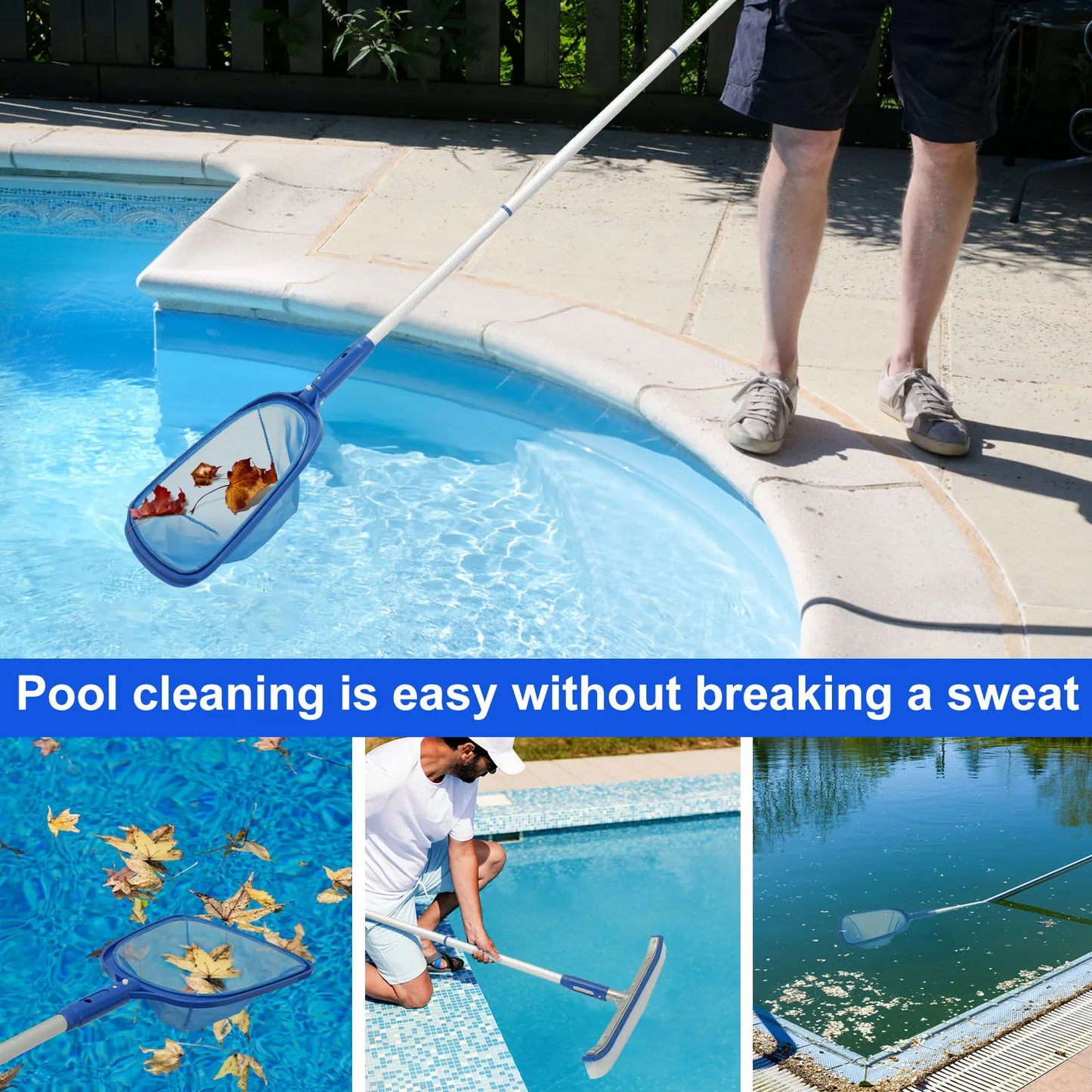 3Pcs Pool Cleaning Kit with Adjustable 63in Handle Cleaning Skimmer Clean Bottoms Net For Pool Filter Swimming Pool Brush Tool