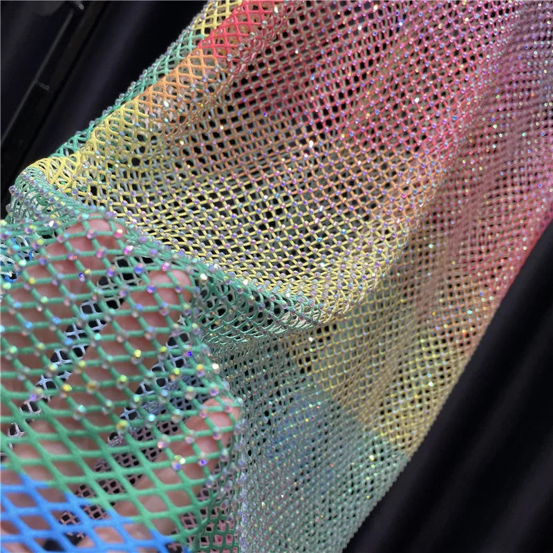 Women&Men Neon Crystal Colorful Rhinestones Shiny Sexy Y2K RainbowTank Tops Party Club Sexy See Mesh Hollow Out 65cm long