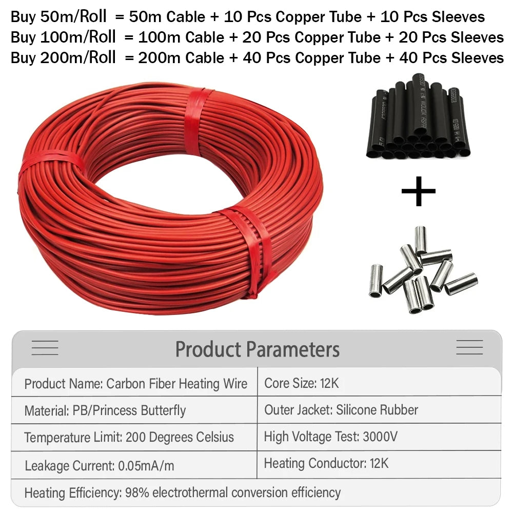 NEW Arrivals 50-80-100--200 Meters Infrared Warm Floor Cable 12K 33ohm/m Electric Carbon Heating Wire Coil 2.0mm Fiber Wire Floor Hotline Thickening Home Winter Supplies