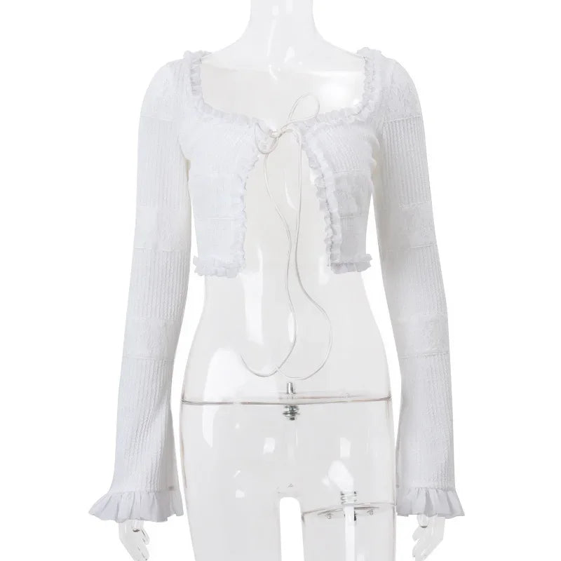 NEW Arrivals 2PCS Set Sexy Fashion Y2K Ruffle Tiered White Mini Skirts + Tops Sets Elegant Outfits Tie Front Matching Sets Spring Summer Evening Beach Party Night Club Outfit Girls Sexy Suit