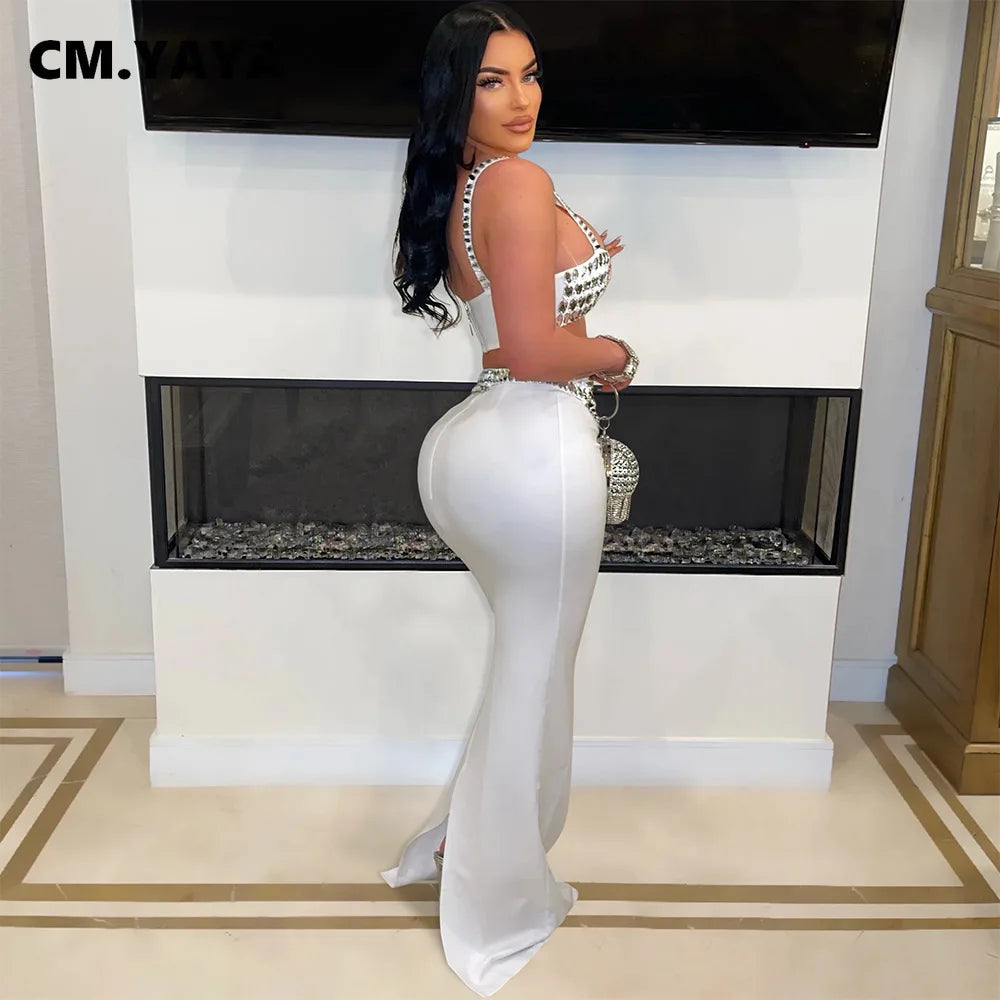 NEW Arrivals Women Girls 2PCS Set Diamonds Hot Rhinestones Strapless Top + Long Skirt Suit Dress Sets Two 2 Piece Set Party Club Night Outfits Female Ladies Luxury Fashion Clothing Supplies