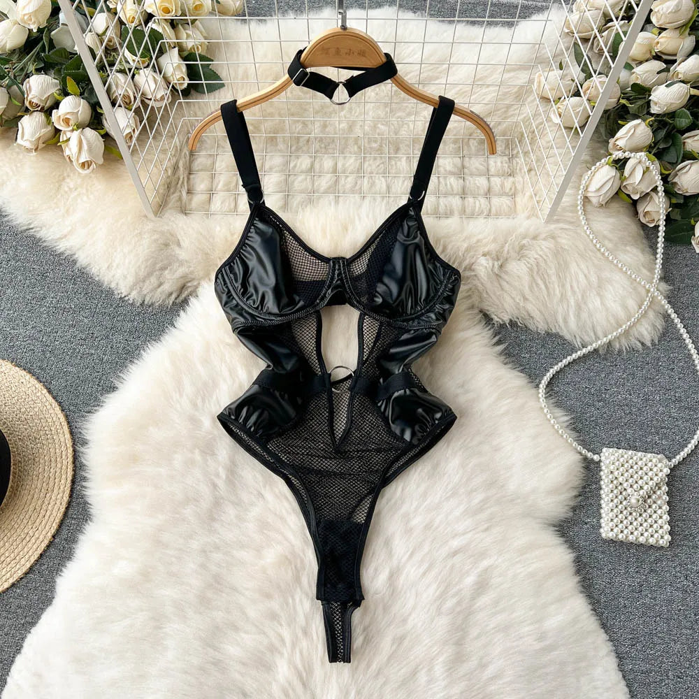 Women's Hollow Combination Bodysuit Slim Fit Erotic Mesh Lace Jumpsuit Bodysuit Sexy Fashion Pajamas