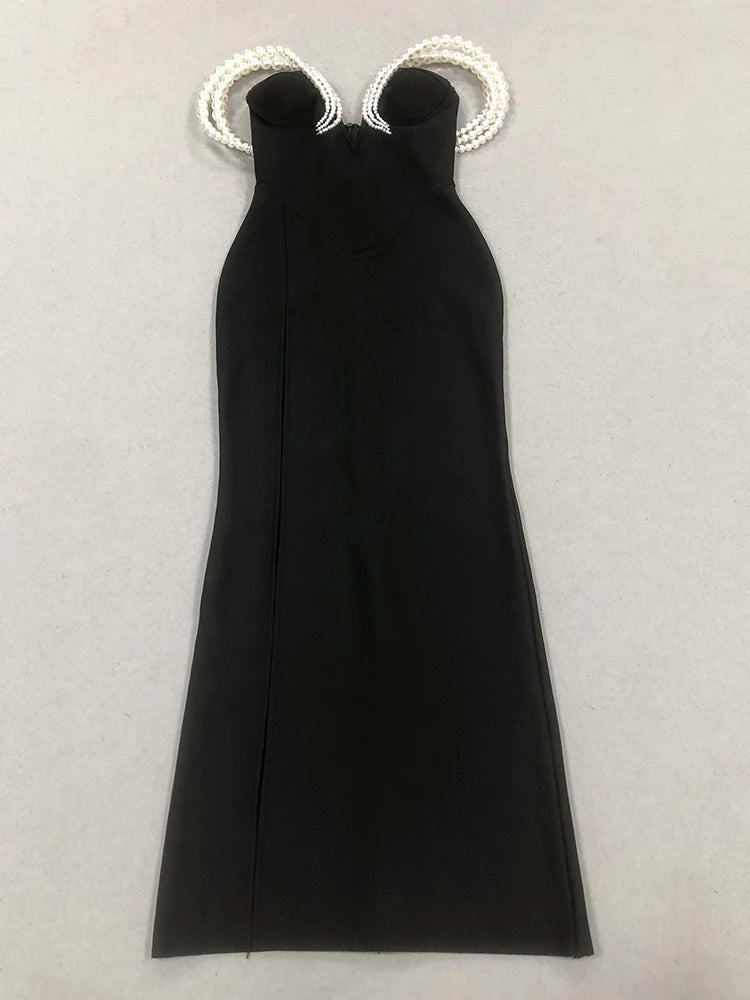 NEW Sexy Big Pearl Beading Off Shoulder Bandage Dress Women Sleeveless Backless Folds Split Slim Long Dresses Evening Party Formal Red Carpet Celebrity Ladies Luxury Fashion Clothing Supplies