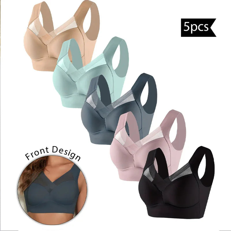 NEW Arrivals 5PCS Set L-3XL Women Sports Bras Full Cup Brassiere Female Sexy V Neck Lace Splicing Bralette Large Wireless Size Soft Sleepwear Lingerie