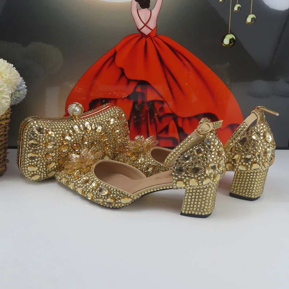 Low-Price Sales are Limited NEW Luxury Champagne Gold Wedding Shoes and Purse Set Women Bridal Fashion High Pumps Party Shoe and Bag Ankle Strap Ladies Luxury Fashion Apparel Accessories Clothing Supplies