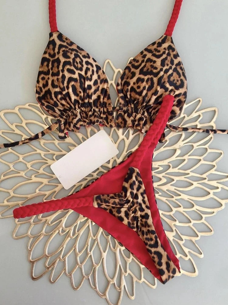 Swimwear Women Leopard Print Brazilian Bikini Set Sexy Thong Swimsuit Two Pieces Bathing Suit Women Beach Wear RUOTONGSEPT