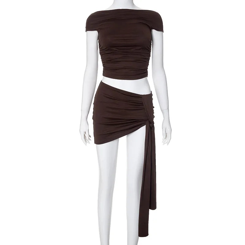 New Arrivals 2PCS Set Women's Sleeveless Round Neck Crop Top Strap Half Skirt Solid Color Suit Casual One-shoulder Halter Top Set Girls Summer Beach Bar Evening Party Night Clubwear Sexy Outfit