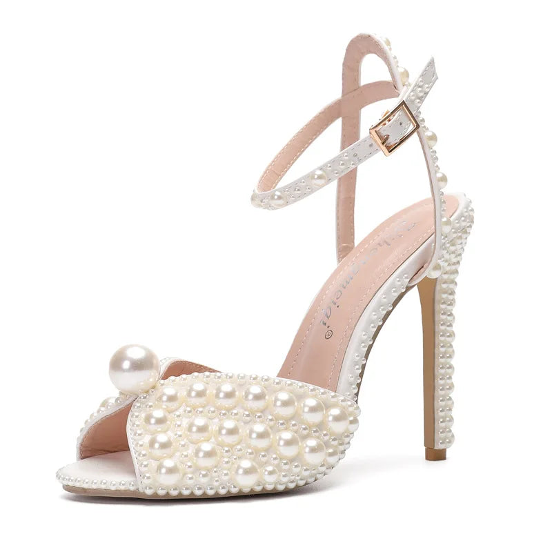 Women Sandals Fashion High Quality Wedding Shoes Women New Pearls Studs Luxury Peep Toe High Heels Buckle Woman Sandal