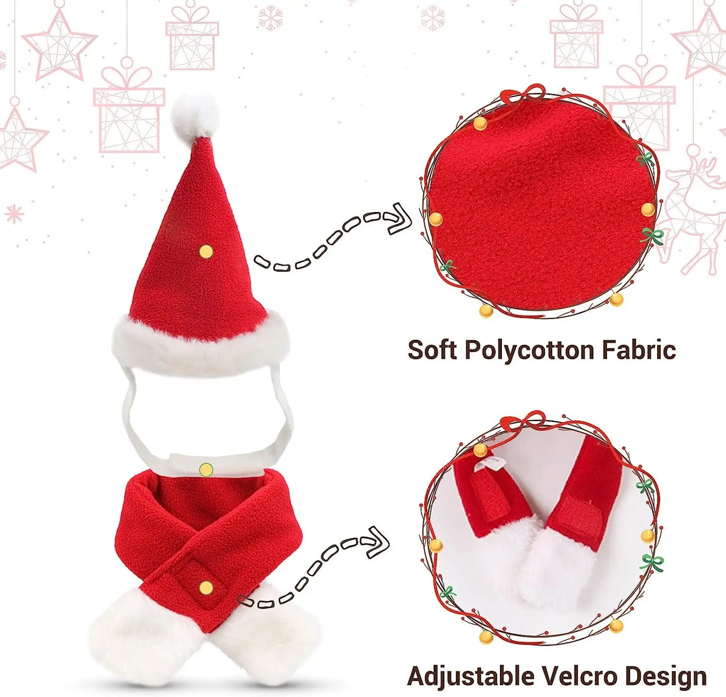 Christmas Cat Costume Small Dog Santa Claus Hat with Scarf Kitty Xmas Outfit Apparel Pet Santa Claus Set for Kitten, Puppy