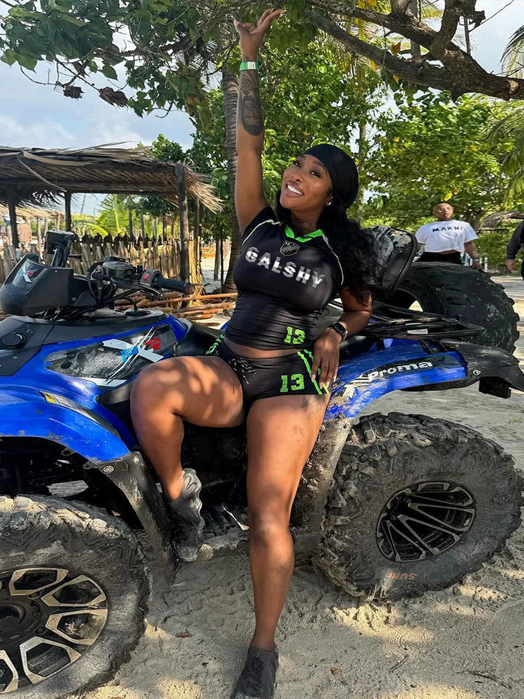 NEW 2PCS Set Black/Pink Color Women Hottie Sexy Summer Casual Tracksuits Short Sleeve O-Neck Tees +Drawstring Shorts Mujer Sporty Streetwear