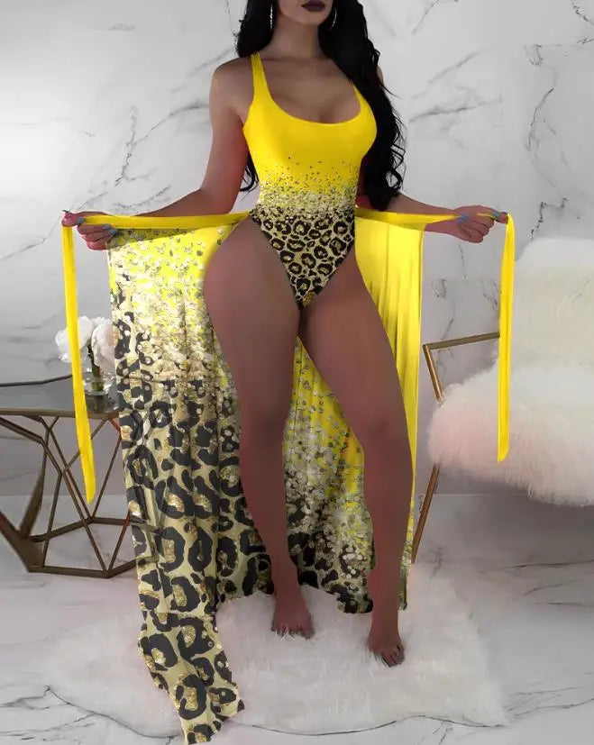 NEW Arrivals 2PCS Set Women Sexy U-Neck Floral Swimsuit with Cover Up New Fashion Summer Beach Vacation Casual Clothes