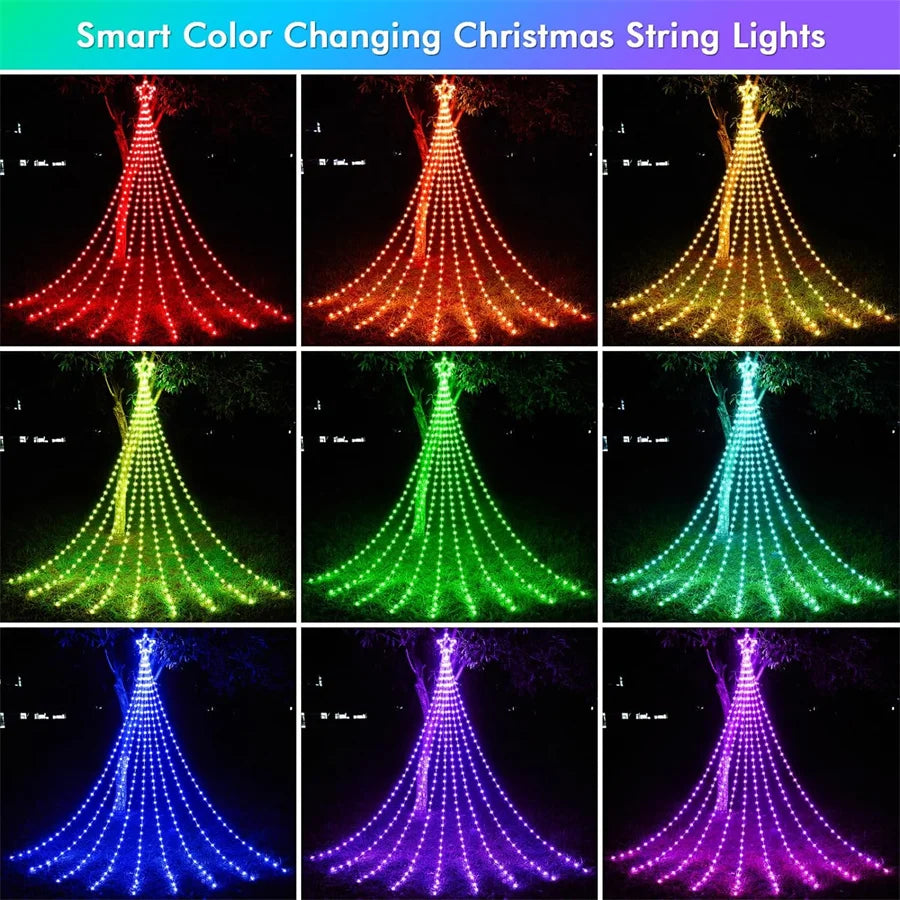 9X3M Smart App Control Christmas Waterfall Lights Outdoor with Remote 305 LED Christmas Tree Star Icicle Lights for Patio Decor