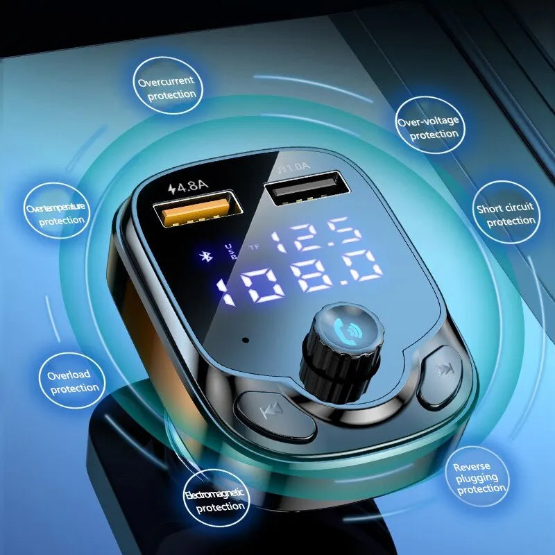 4.8A Car Bluetooth 5.0 FM Transmitter 2 USB Fast Charger QC3.0 Fast USB Type C Car Charger Mp3 Player Support TF Card B