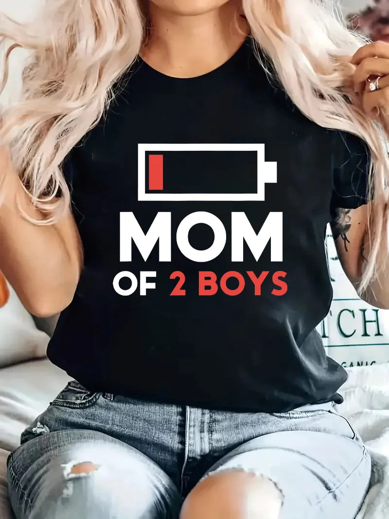 NEW Arrivals S-4XL *Mom of 3 Kids-Mom of 2 Boys* Battery Strip Women's T-Shirt Summer Short Sleeved Fashionable Mother Plot Gift Ladies Streetwear Casual Apparel Accessories