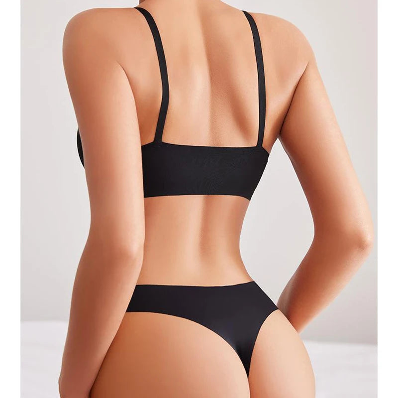 NEW 5 Colors S-XL Size Women Seamless Bra Set Sexy Push Up Lingerie Ladies Ice Silk Underwear Set Ultra Thin Fitted Brassiere And Thong Suit