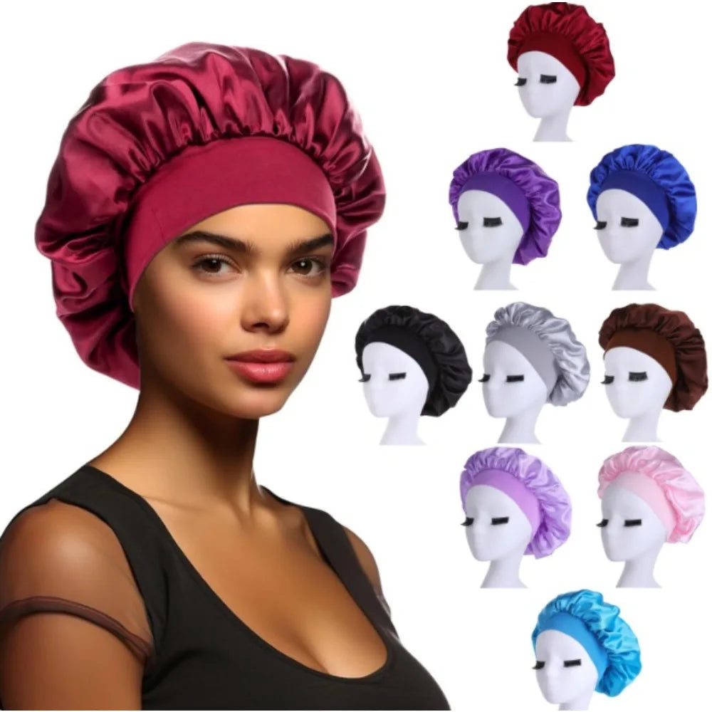 NEW Arrivals 13 Colors Soft Silk Satin Lined Bonnet Large Satin Hair Bonnet Household Sleep Shower Cap Hair Wrap Cover for Long Hair Ladies Beauty Salon Spa Tools Women Hair Care Accessories