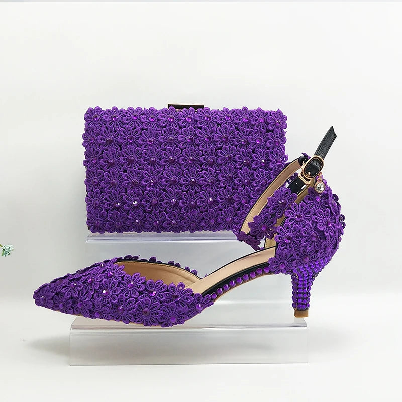 NEW Arrivals Italian Design Purple Lace Flower Luxury Wedding Shoes And Bag Set Crystal Heels Pointed Toe Ankle Strap Evening Party Shoes with Matching Bags Lace-Up Girls Ladies Luxury Fashion Apparel Accessories Clothing Pro