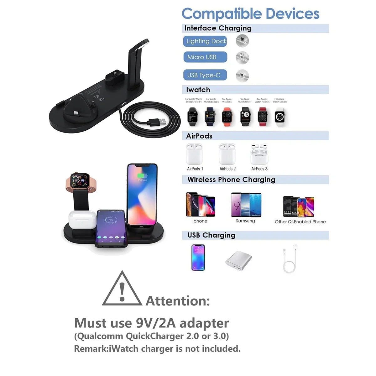 NEW Arrivals 7 In 1 Wireless Charger Stand Pad For iPhone 15 14 13 12 11 X Apple Watch Air Pods Desk Phone Chargers Fast Charging Dock Station Electronic Supplies