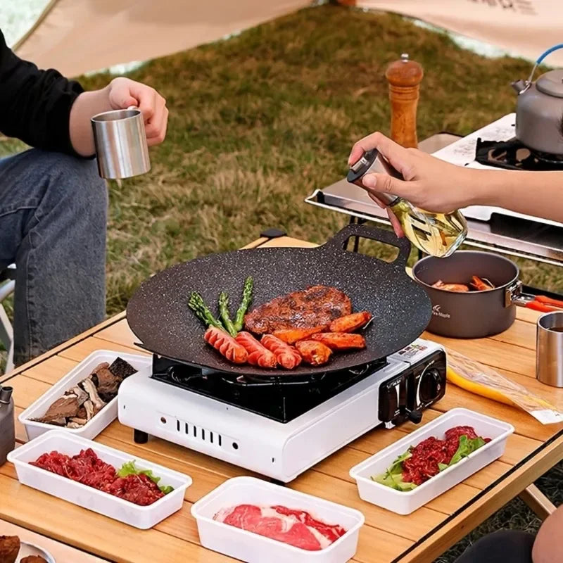 NEW Arrivals 32cm Non-Stick Roasting Pan Cast Iron Double Handled Crepe Stake Pan Round Griddle Grill Pan for Camping BBQ Round BBQ Griddle with Handle Kitchen Cooking Accessories Home Supplies