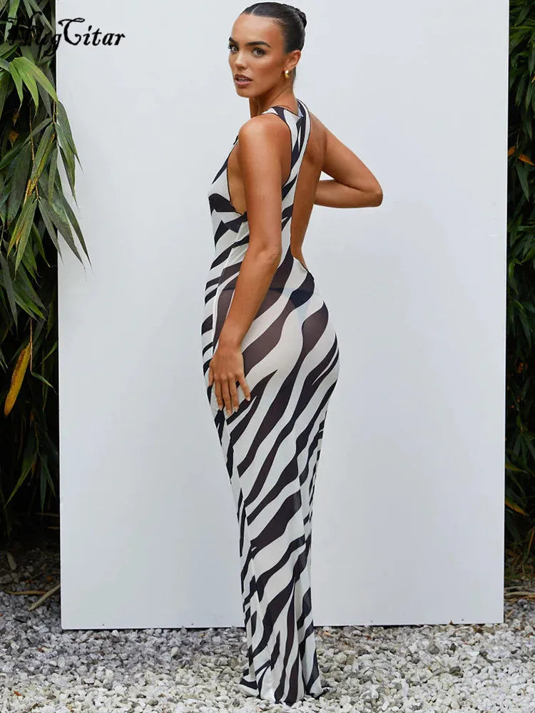 Mesh Sleeveless Striped Print Matching Color Hollow Out Sexy Maxi Dress Irregular Summer Women Beach Festival Outfit