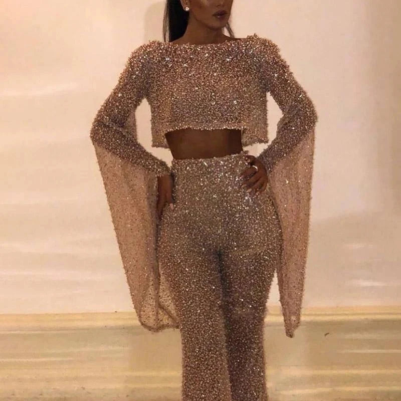 NEW Arrivals S-2XL Sexy Backless Hollow Bandage Golden Jumpsuit Women Spring O-Neck Flare Sleeve Straight Playsuit Fall Sequin Shiny Summer Beach Party Romper Ladies Luxury Overalls