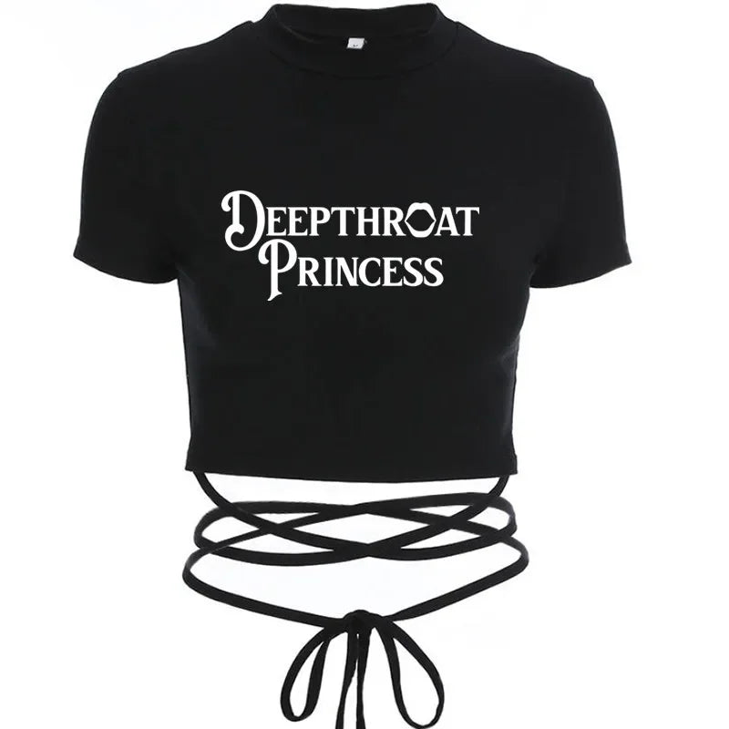 NEW Arrivals M-2XL UK Size 6 Patterns Women Fashion Girls Sexy T-Shirt Casual Short Sleeve Female Shirt Harajuku *DEEP THROAT* Women Crop Top Black Short Crop Bandage Tee Tops