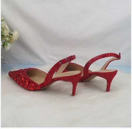 NEW Luxurious 10 Colors Summer Female Red Sandals Crystal Party Sandals Purse Set Wedding Shoes Bridal Woman Fashion Pointed Toe Thin Heel Sandals Girls Ladies Luxury Fashion Apparel Accessories Sets Clothing Supplies