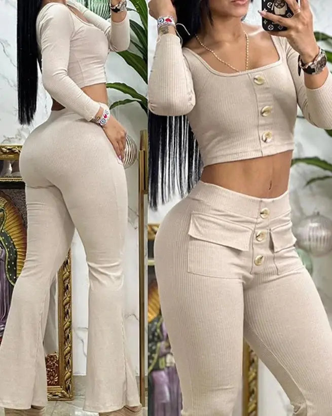 New Fashion Red/Blue 2PCS Set Summer Streetwear Elegant Women Evening Beach Party Night Club Outfit Square Neck Buttoned Sexy Top & Pocket Design Flared Pants Set Ladies Girls Casual Fashion Clothing Supplies