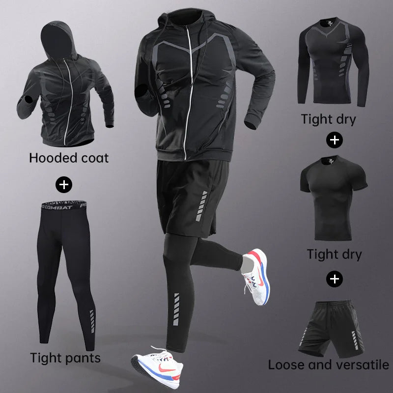 NEW Arrivals 5PCS Set S(50-60Kg-3XL(100+Kg) Plus Size Running Fitness Clothes for Men Spring Autumn Winter Morning Running Speed Dry Cycling Sports Set