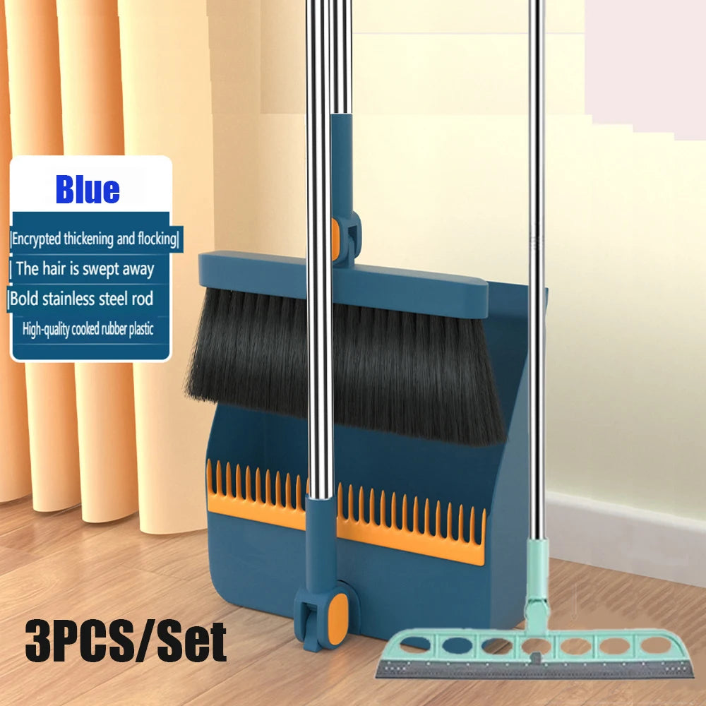 3PCS/Set Foldable Broom And Scoop Set Upright Dust Pan And Brush Set 180 Degree Rotation Dustless Floor Soft Brush Home