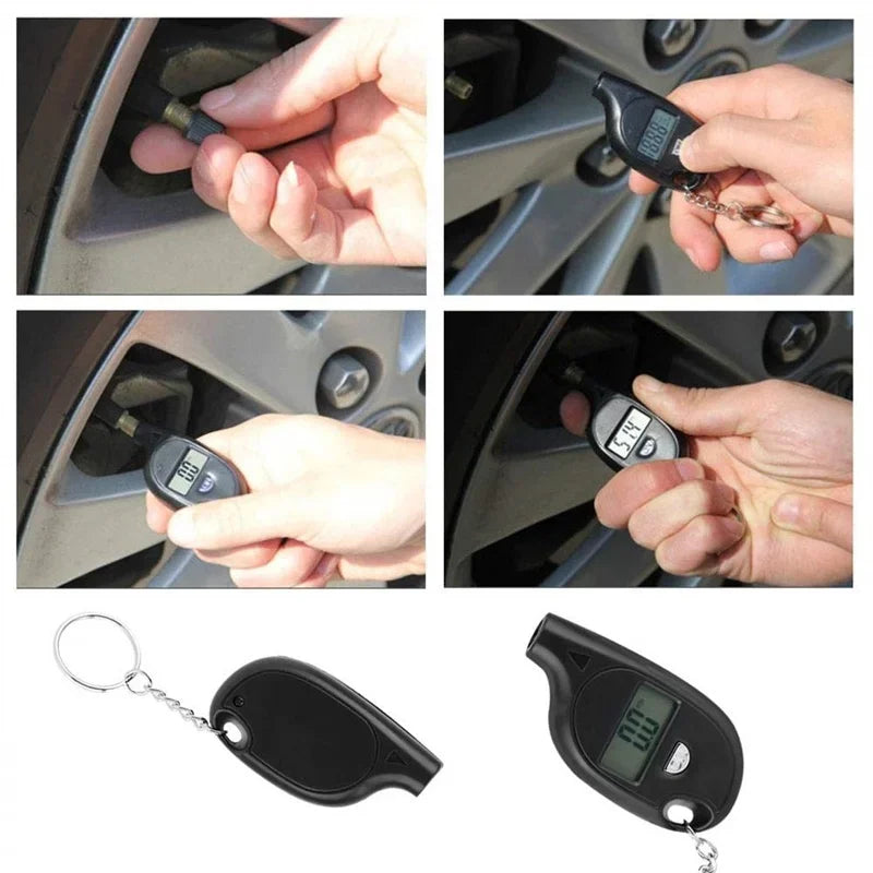 NEW Arrivals 2PCS Set Mini Keychain Style Tire Gauge Digital LCD Display Car Tire Air Pressure Temperature Tester Meter Bicycles Auto Car Motorcycle Tire Safety Alarm