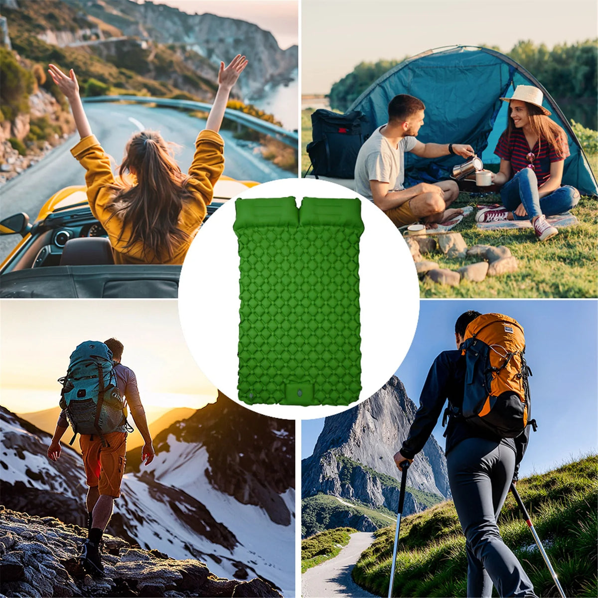 Outdoor Travel Camping Portable Self-Inflating Double Sleeping Mat, Thick Camping Pad with Built-In Pillow & Foot Inflation for Outdoor Adventure