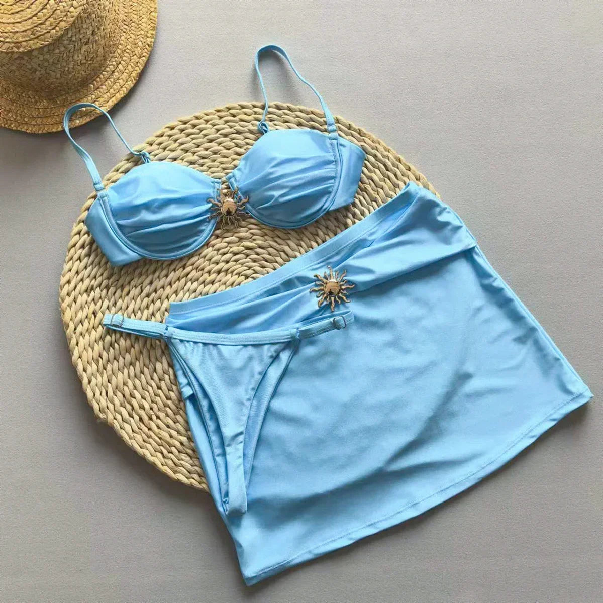 NEW Arrivals 3 PCS Set UK Size 5 Colors Sexy Bikini Set Push Up Bikini 2025 Sexy Women Swimsuit Shiny Skirt Female Swimwear Brazil Tangas G-String Bathing Suit Beachwear Cover Ups Set