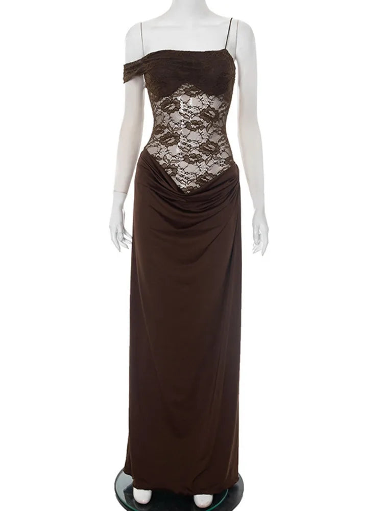 NEW Brown/Burgundy/Black Color UK Size One Shoulder Lace See Through Sexy Maxi Dress Women Gown Fashion Off-shoulder Sleeveless Backless Evening Party Club Long Dresses