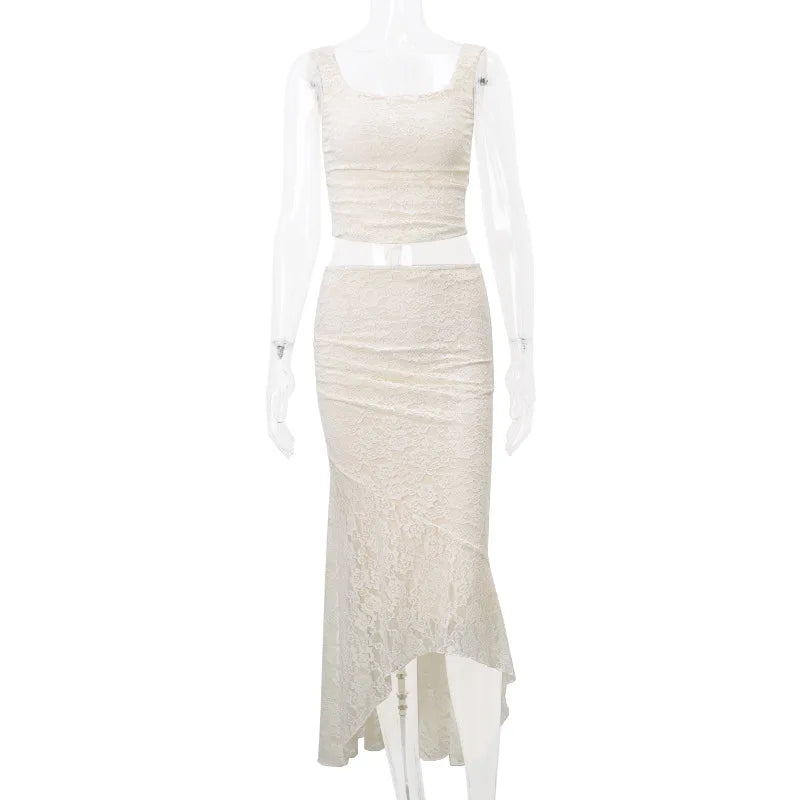 NEW Arrivals 2PCS Se Elegant Sexy Lace Women Irregular Long Skirt And Corset Top French Style Bodycon Dress Matching Sets Spring Summer Evening Party Night Club Ladies Suit