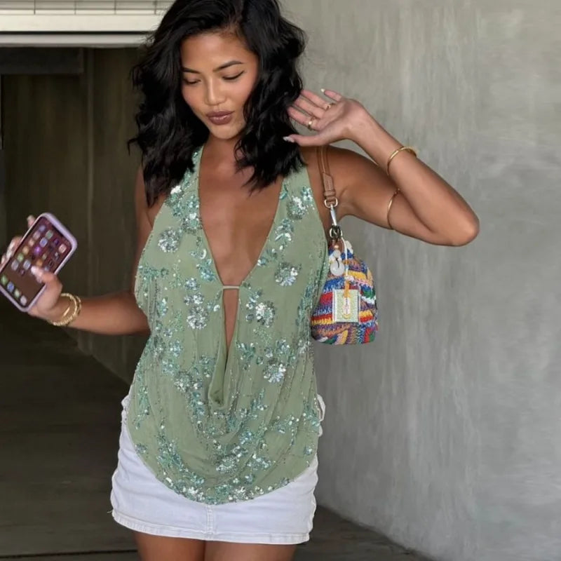 NEW Arrivals UK Size Green/Brown Sexy Deep V Neck Beach Tank Top Hot Girls Summer Sequins Patchwork Sleeveless Vest Women Evening Beach Party Night Club Sexy Backless Top
