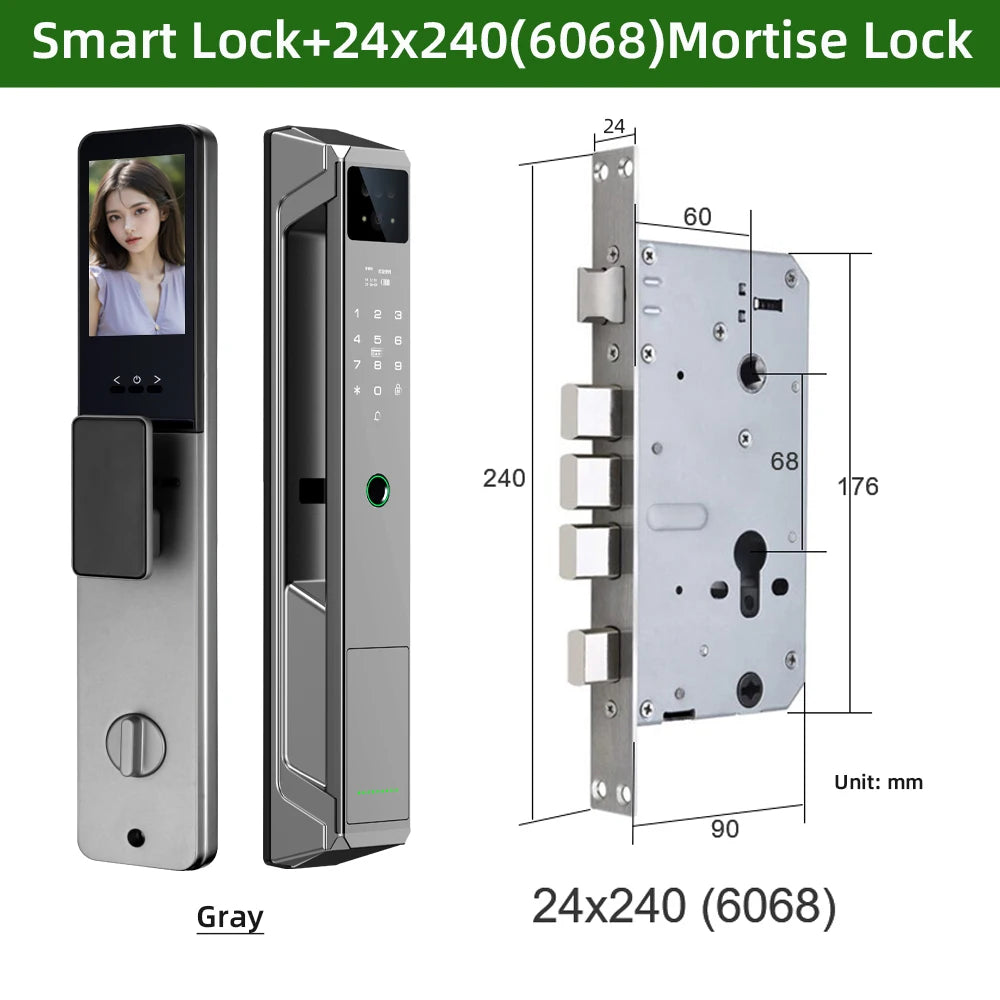NEW Arrivals P8 TUYA App Wi-Fi Smart Lock, 21 Languages, Remote Video Call Intercom, Face-Palm IC Card Unlock, Black/Gray Anti Theft Top Quality Security System Home Apartments Office Security Supplies