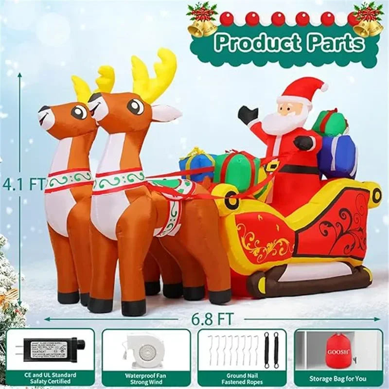 2.1m Length Christmas Decoration Inflatable Toy Santa Reindeer Sled with LED Lights Indoor Outdoor Garden Party Scene Ornament Decoration Supplies Products