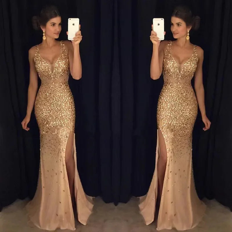 NEW Arrivals S-2XL 4 Colors Spring Autumn Winter New European American Cross-Border Side Slit Gold-Embellished Long Evening Party Luxury Dress Sleeveless Wedding Guest Celebrities Gown