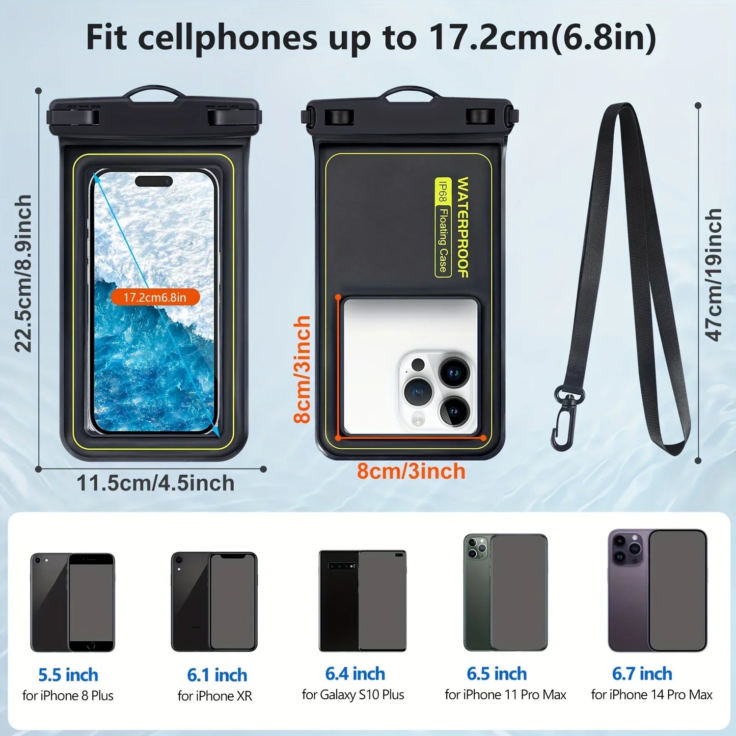 NEW Floating Airbag IP68 Waterproof Swimming Sports Bag Pouch Phone Case Touch Screen & Strap For iPhone Samsung 6.8" Mobile Phone
