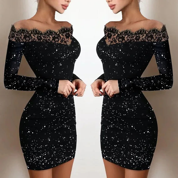 New Arrivals Luxury Spring Women's Female Elegance, Leisure, Sexy Long Sleeved Lace Edge, One Shoulder Silver Powder Sprinkled Dress Evening Wedding Birthday Party Night Clubwear Girls Ladies Luxury Fashion Clothing Supplies
