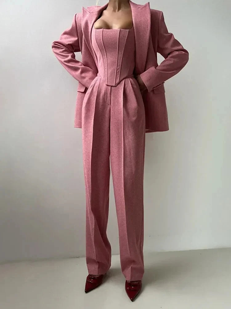 NEW Arrivals 3PCS Set UK Size Gray/Pink Color Luxury Women Top Blazer Pants Solid One Button Jacket Crop Tops High Waist Pocket Pant Evening Party Business Dinner Suit Office Lady Set
