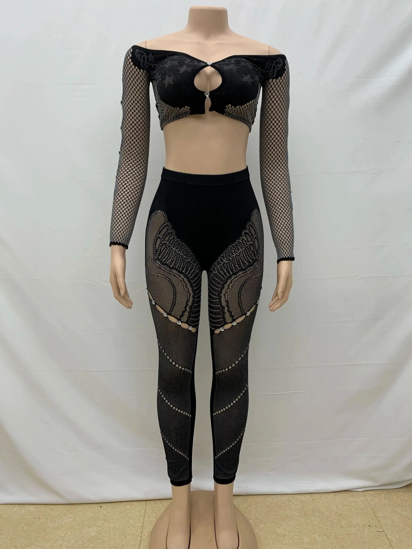 NEW Arrivals 2PCS Set Sexy Thick Women Chic Hollow Rhinestones Slash Neck Crop Tops+Patchwork Leggings Stretch Matching Evening Nightclub Party Suit Ladies Girls Sexy Fashion Clothing Supplies