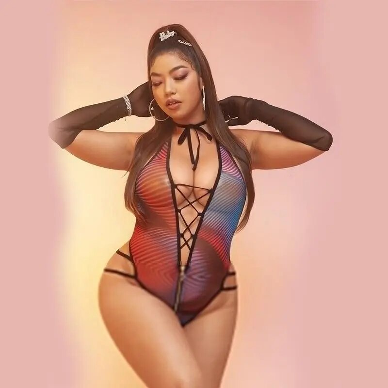 Plus Size Sexy Mesh Pole Dance Bodysuit Zip Open Crotch Swimsuit Women Bar Nightclub Ds Dj Stage Rave Lace up High Cut Bikini