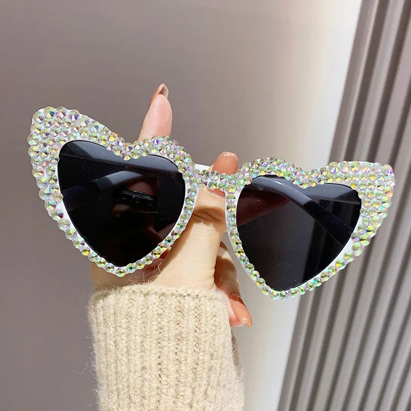 NEW Arrivals Women Luxury Diamond Frame Heart Shape Sunglasses Large Anti UV400 Sun Glasses for Ladies Wedding Guests Birthday Party New Year Party Eyewear Bachelorette Hen Party Accessories