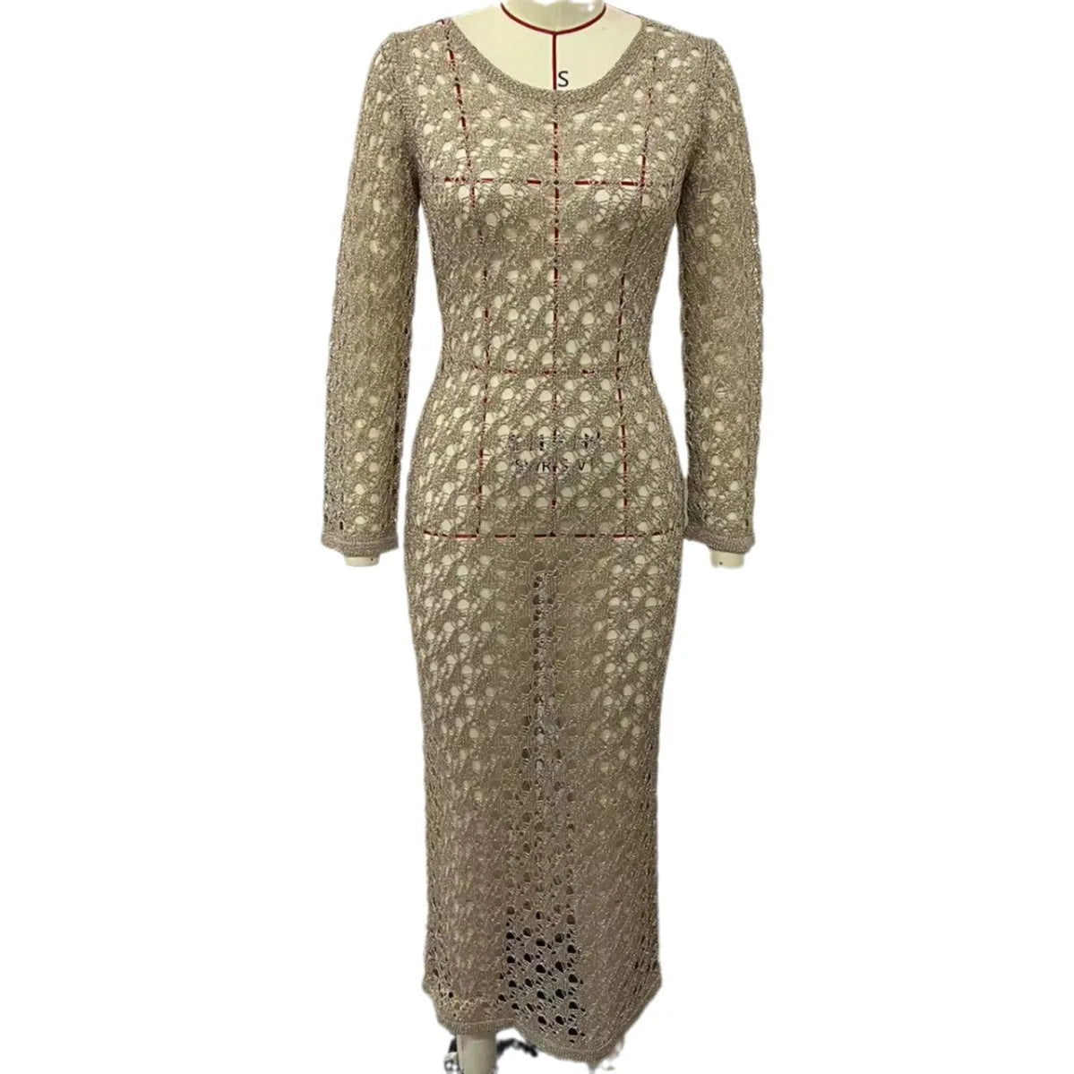 NEW Arrivals Black/White/Khaki Color Sexy Round Collar Long Sleeve Wrap Dress Knitting Hollow Out Beachwear Cover Up Summer Holiday Beach Elegant Long Dress