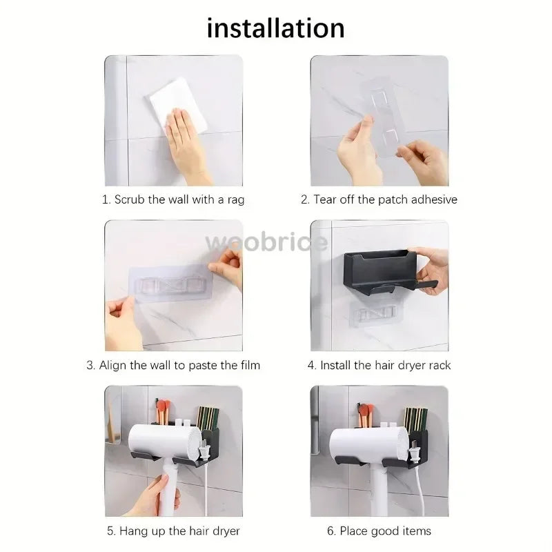 NEW Arrivals White/Gray/Black Color Wall Mounted Hair Dryer Holder for Bathroom Shelf Without Drilling Plastic Hair Dryer Stand Bathroom Organizer Wall Shelf