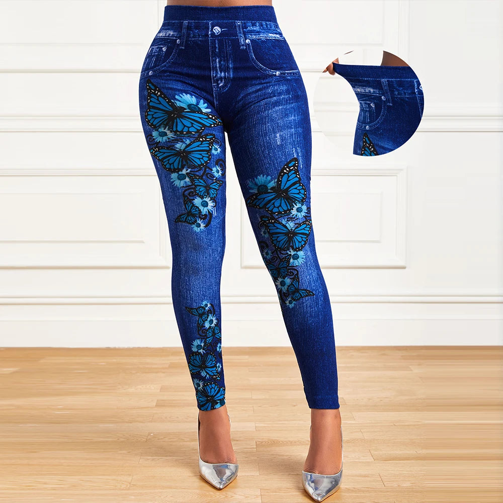 Plus Size Oversized Women High Waist Stretchy Legging Denim Look Skinny Leggings Ladies Fashion Print Pencil Pants Clothing