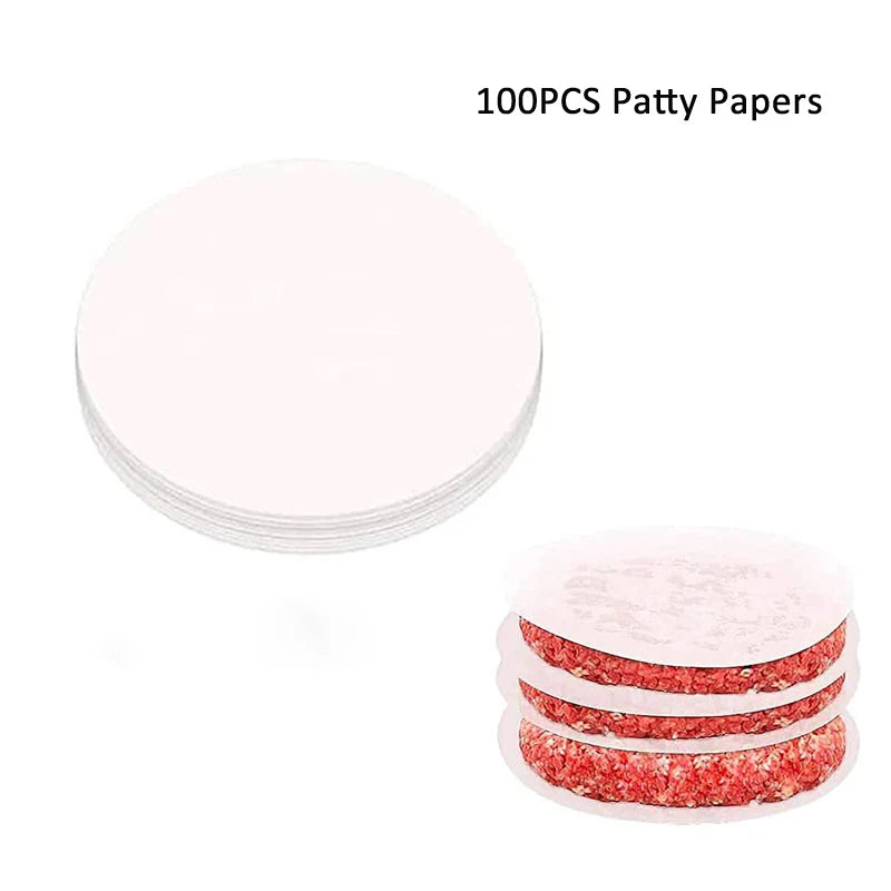 NEW Set Food-Grade Round Hamburger Burger Meat Tenderizing Press Beef Grill Burger Helper Press Cutlets Patty Maker Mold Patty 100 Papers Kitchen Tools Set